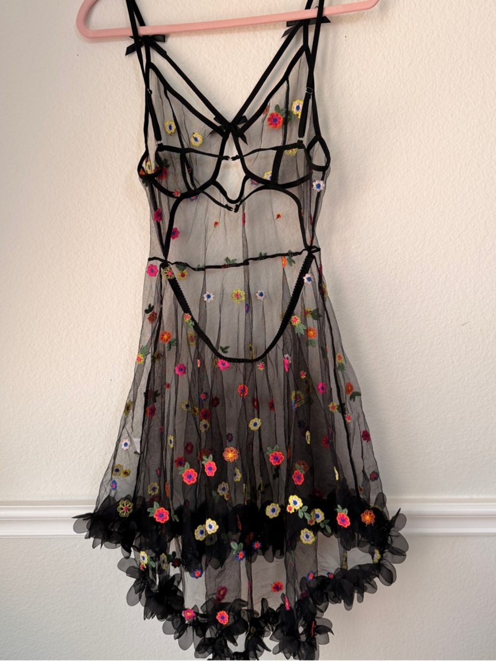 Sheer Black Floral Embroidered Babydoll Dress Lingerie Mesh Fairy Coquette XL - Picture 2 of 12